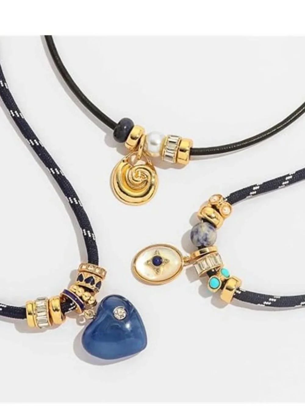 Black Woven Cord Choker Navy Blue Heart Pendant Boho Necklace for Women